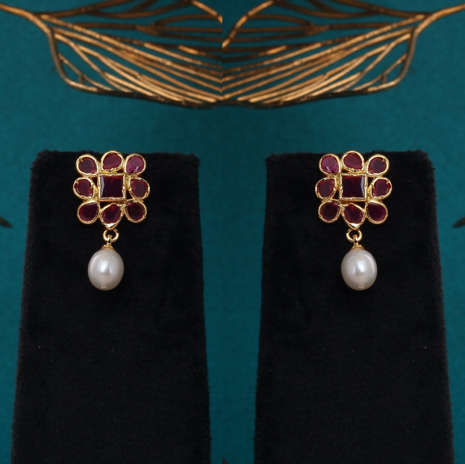 Certified Double-String Pearl Necklace Set with Red Floral Stones & Pearl Drop Earrings(D.No ADPRLS2783)