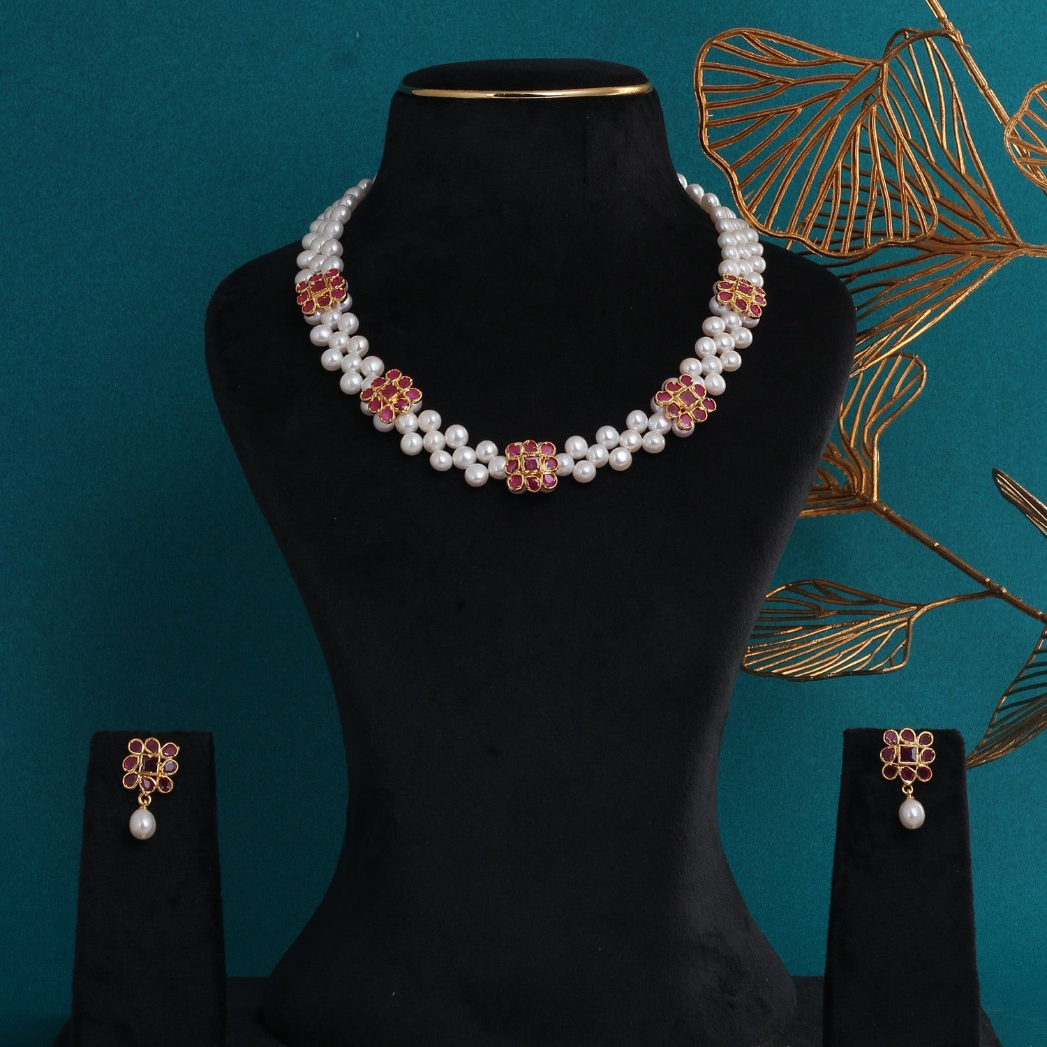 Certified Double-String Pearl Necklace Set with Red Floral Stones & Pearl Drop Earrings(D.No ADPRLS2783)