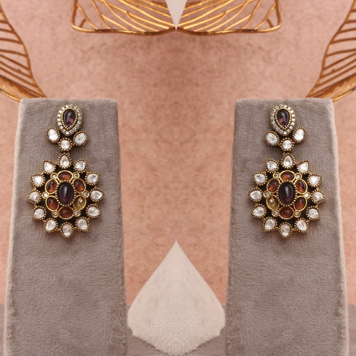 Victorian Style Kundan, Real Pearl, and Purple Stone Necklace Set With Certificate(D.No ADPRLS2789)