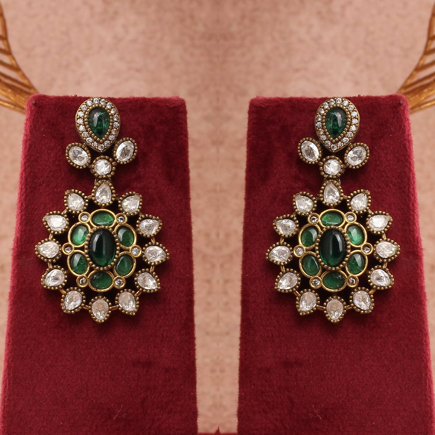 Victorian Style Kundan, Real Pearl, and Green Stone Necklace Set With Certificate(D.No ADPRLS2790)