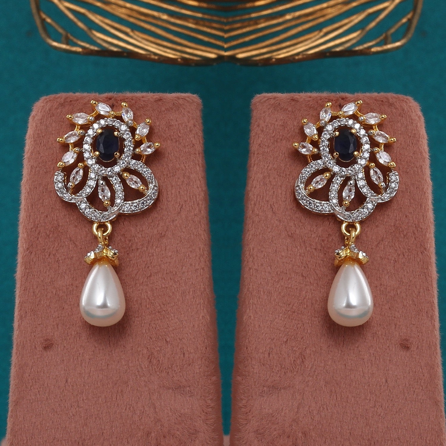 Handcrafted Dual-Layer Pearl Necklace with Blue Stone-Studded Floral Pendants & Earrings With Certificate(D.No ADPRLS2792)