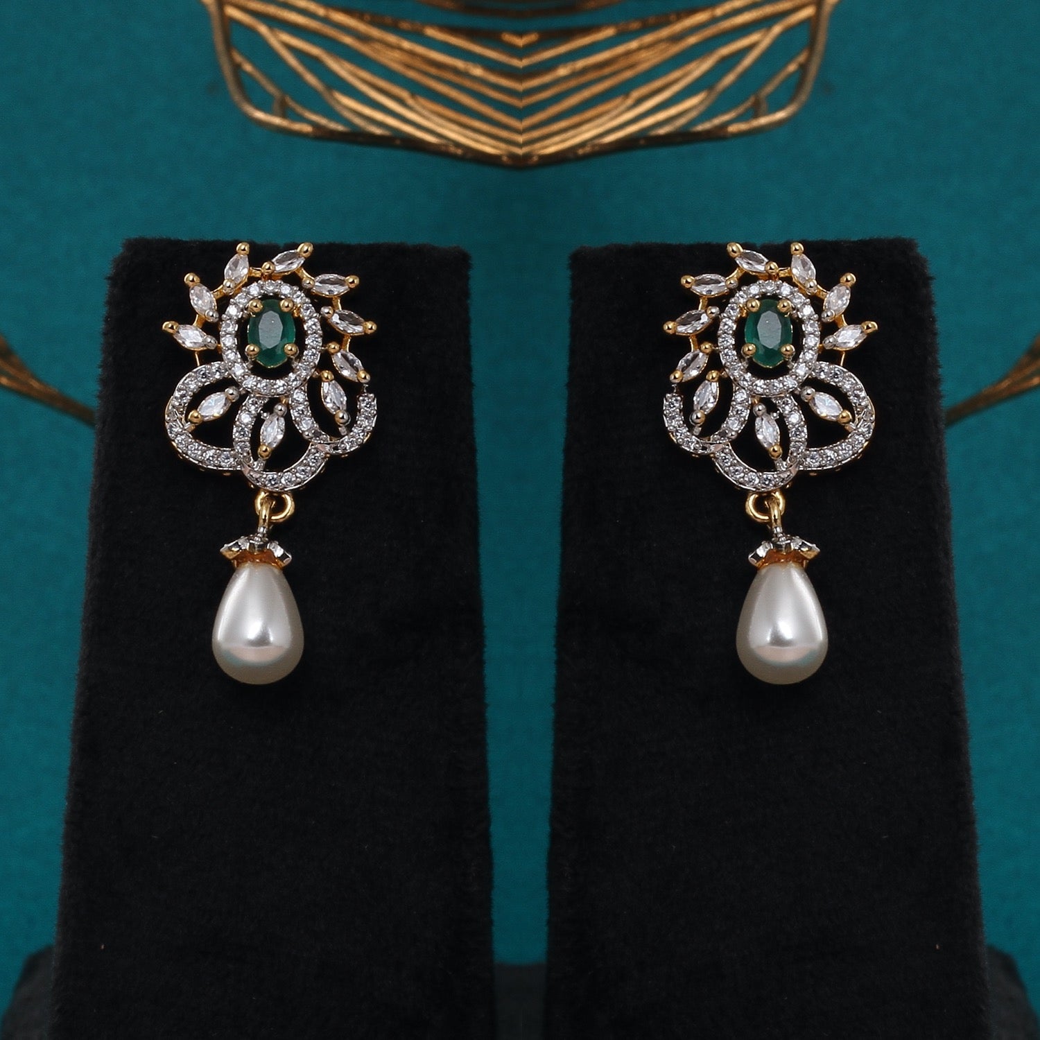 Handcrafted Dual-Layer Pearl Necklace with Green Stone-Studded Floral Pendants & Earrings With Certificate(D.No ADPRLS2793)