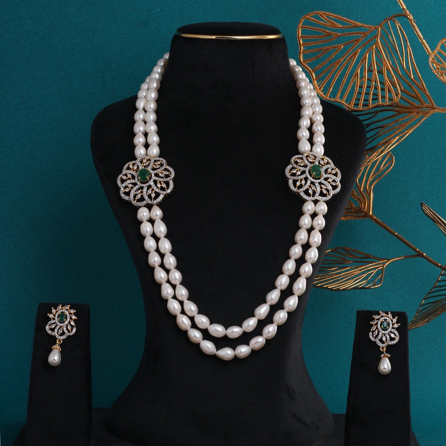 Handcrafted Dual-Layer Pearl Necklace with Green Stone-Studded Floral Pendants & Earrings With Certificate(D.No ADPRLS2793)