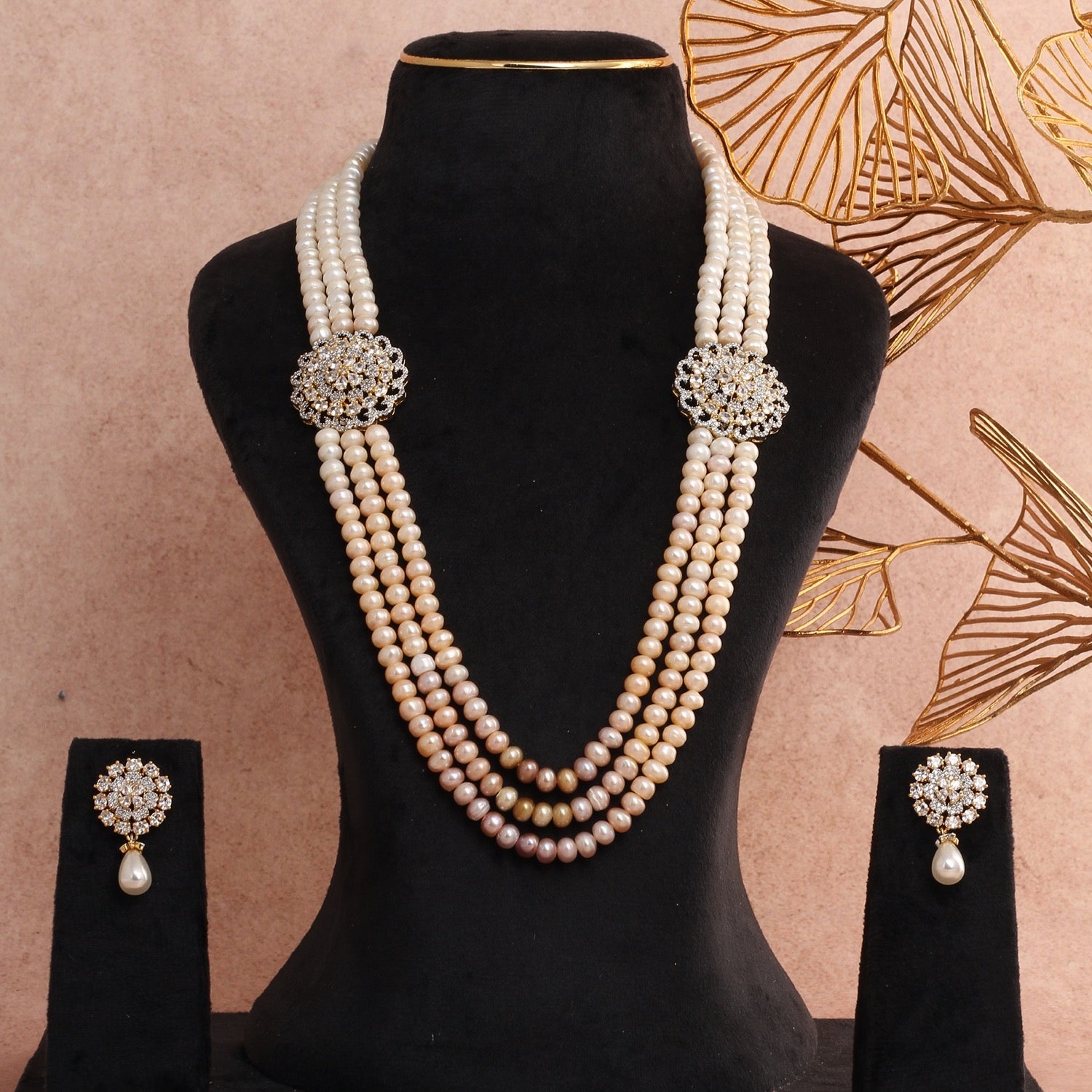 Classic Multi-Color Real Pearl Necklace Set With Pearl Drop Earrings For Women Girls With Certificate(D.No ADPRLS2806)
