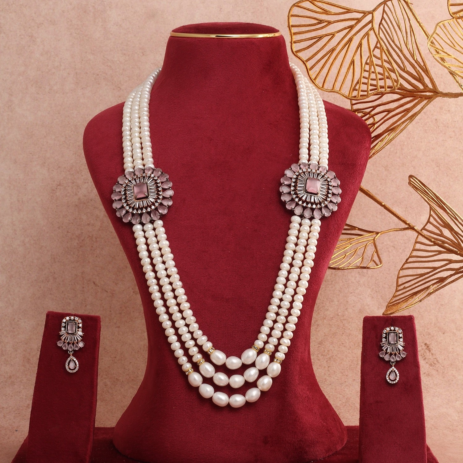 Elegant Multi-Strand Pearl Necklace Set with Sparkling Stone Brooch Accents & Matching Earrings With Certificate(D.No ADPRLS2807)