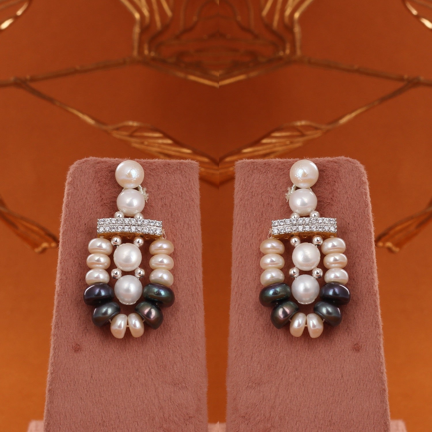 Real Natural Fresh Water Triple String White N Black Pearl Set With Certificate(D.No ADPRLS2852)