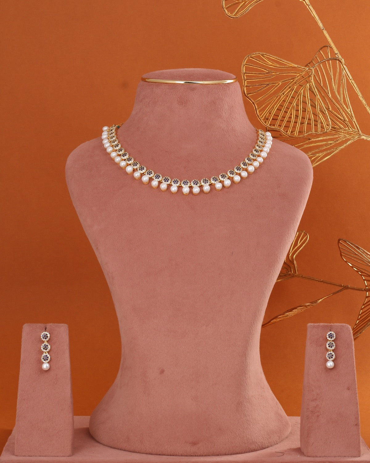 Cz Stone Studded Necklace Set With Real Button Pearls n Certificate(D.No ADPRLS2900)