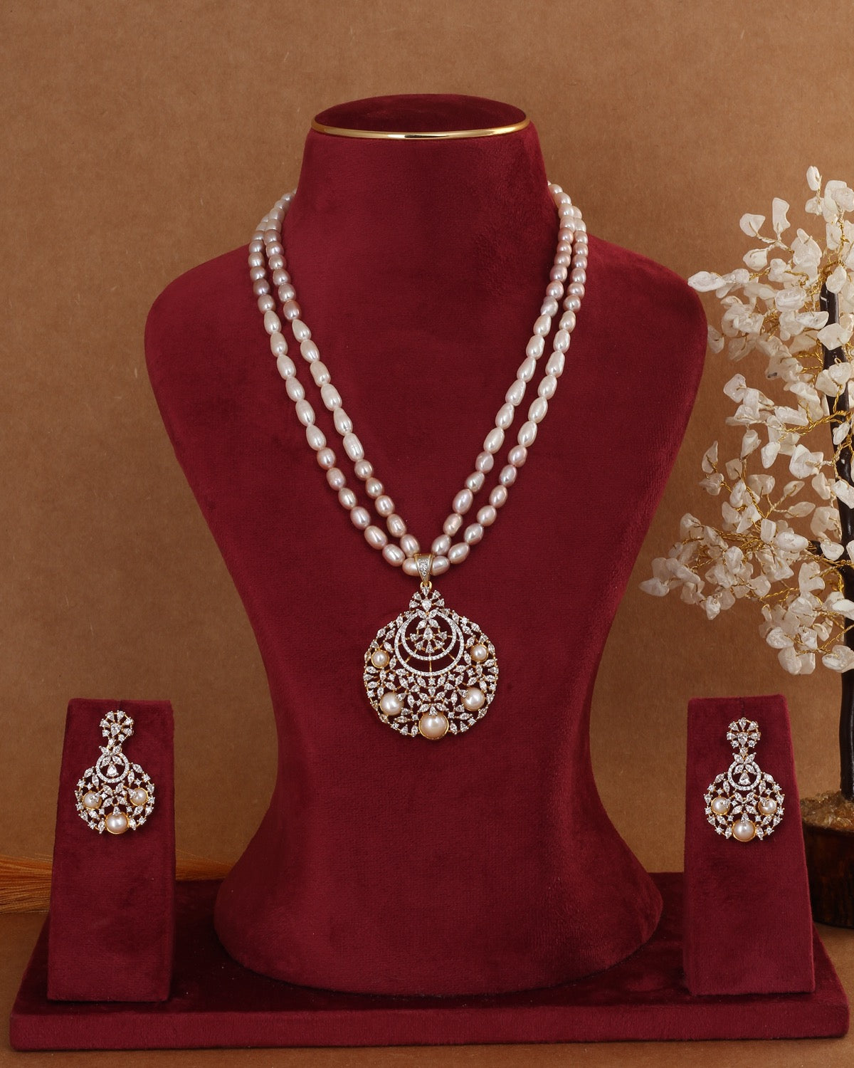 Real Double Line Natural Freshwater Pearl Necklace Set For Women With Certificate(D.No ADPRLS2942)