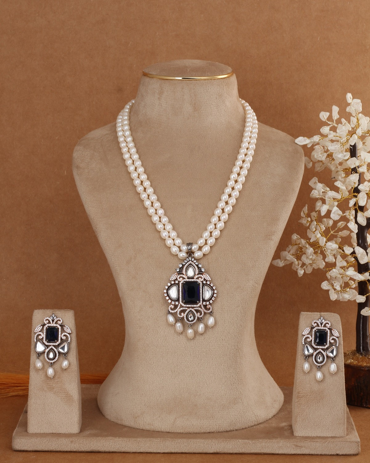 Real Double Line Natural Freshwater Pearl Necklace Set For Women With Certificate(D.No ADPRLS2945)