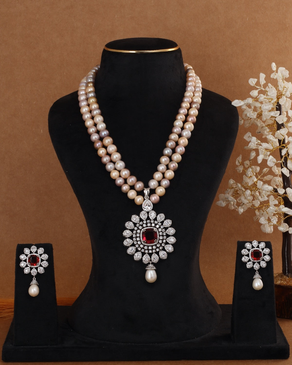 Real Double Line Natural Freshwater Pearl Necklace Set For Women With Certificate(D.No ADPRLS2946)