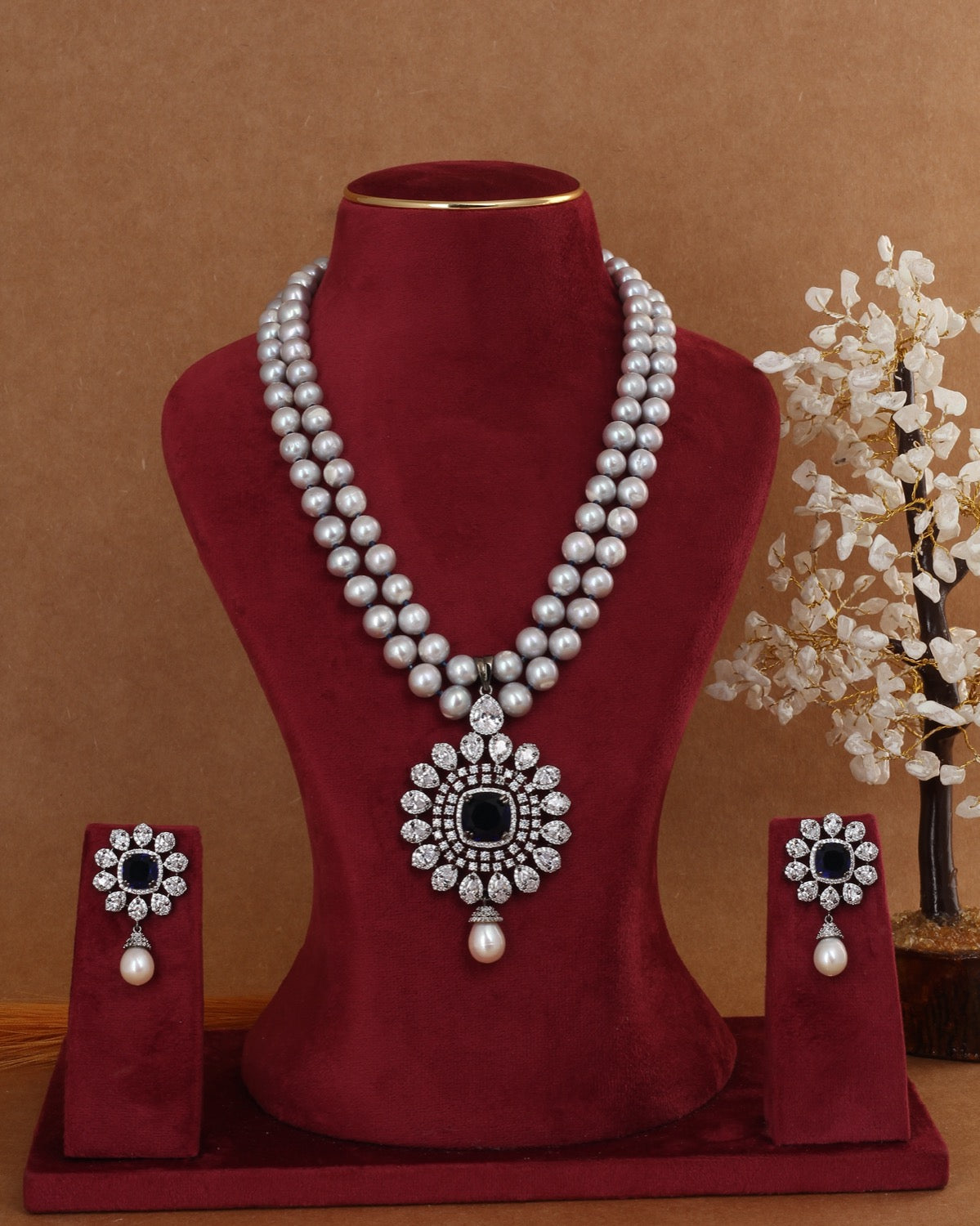 Real Double Line Natural Freshwater Pearl Necklace Set For Women With Certificate(D.No ADPRLS2947)