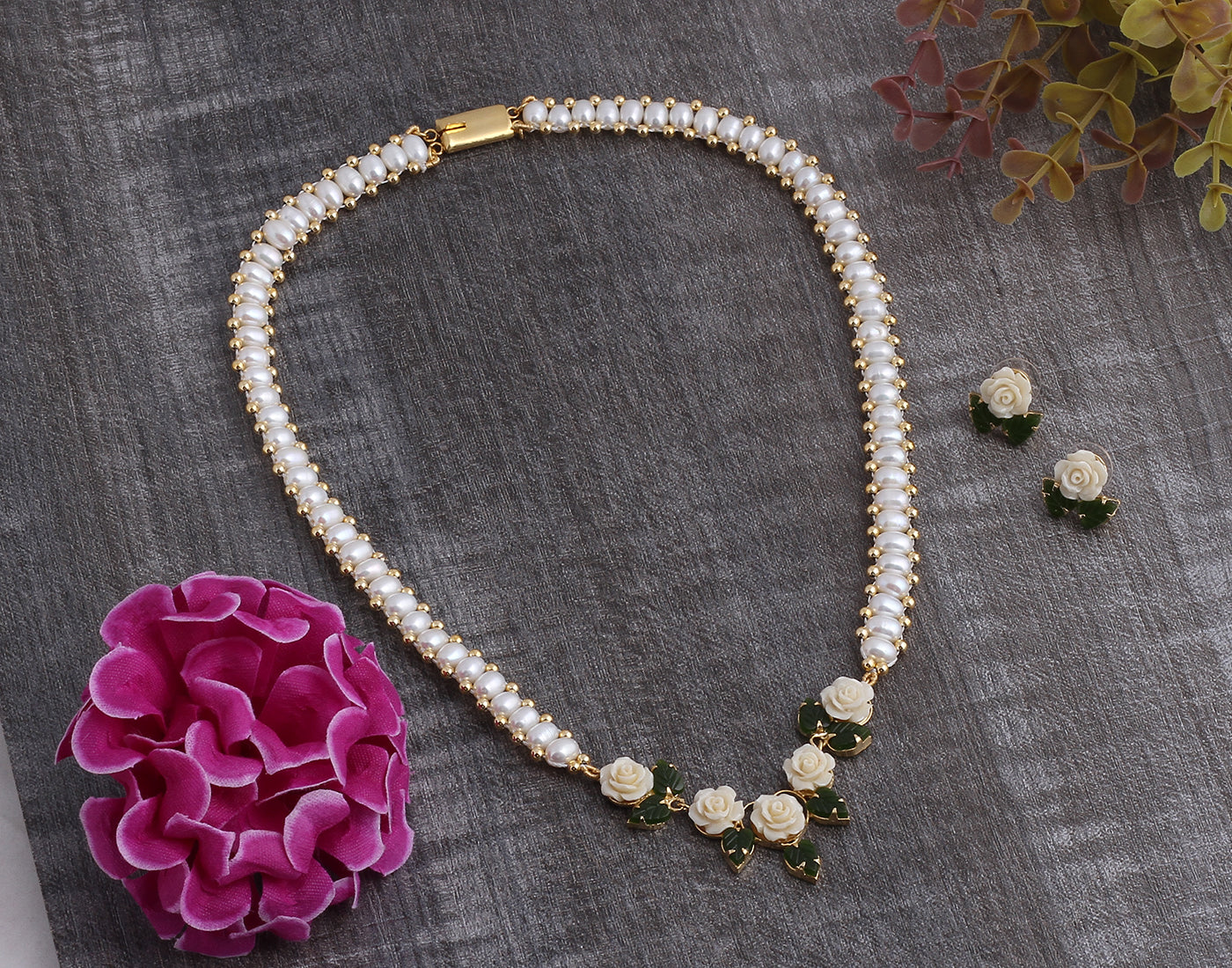 Ceramic Flower Necklace Set With Real Pearl  With Certificate(D.No ADPRLS918)