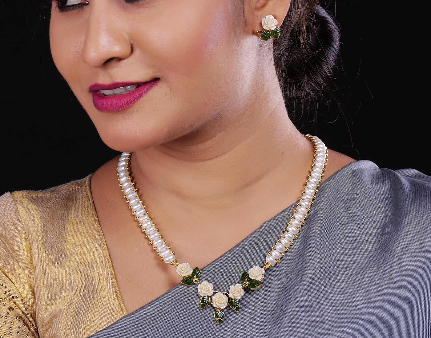 Ceramic Flower Necklace Set With Real Pearl  With Certificate(D.No ADPRLS918)