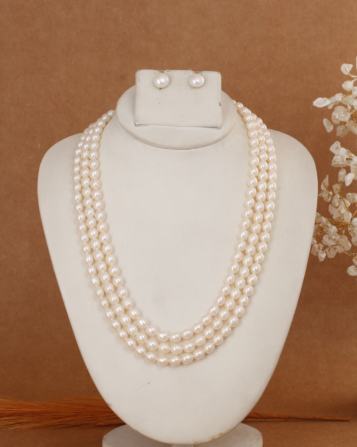 Real Natural Fresh Water Triple Line Pearls Mala Set 5 MM With Certificate(D.No NPS135)