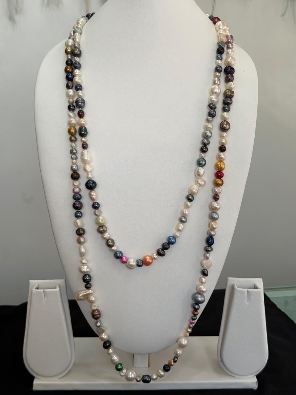 Long Length 62 Inches Authentic Real Natural Fresh Water Multi Colour knotted Pearls Mala Set With Certificate(D.No NPS159)