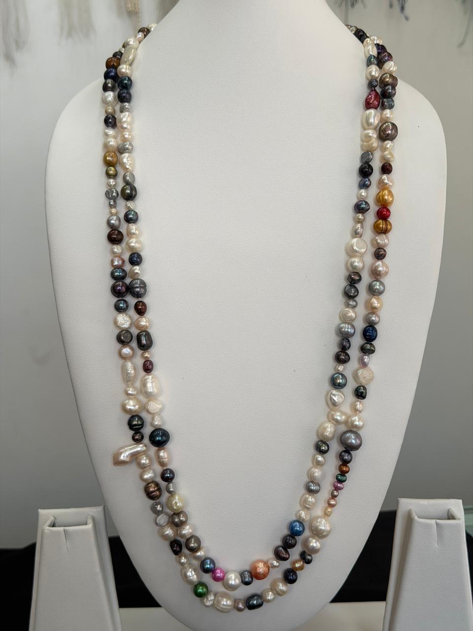 Long Length 62 Inches Authentic Real Natural Fresh Water Multi Colour knotted Pearls Mala Set With Certificate(D.No NPS159)