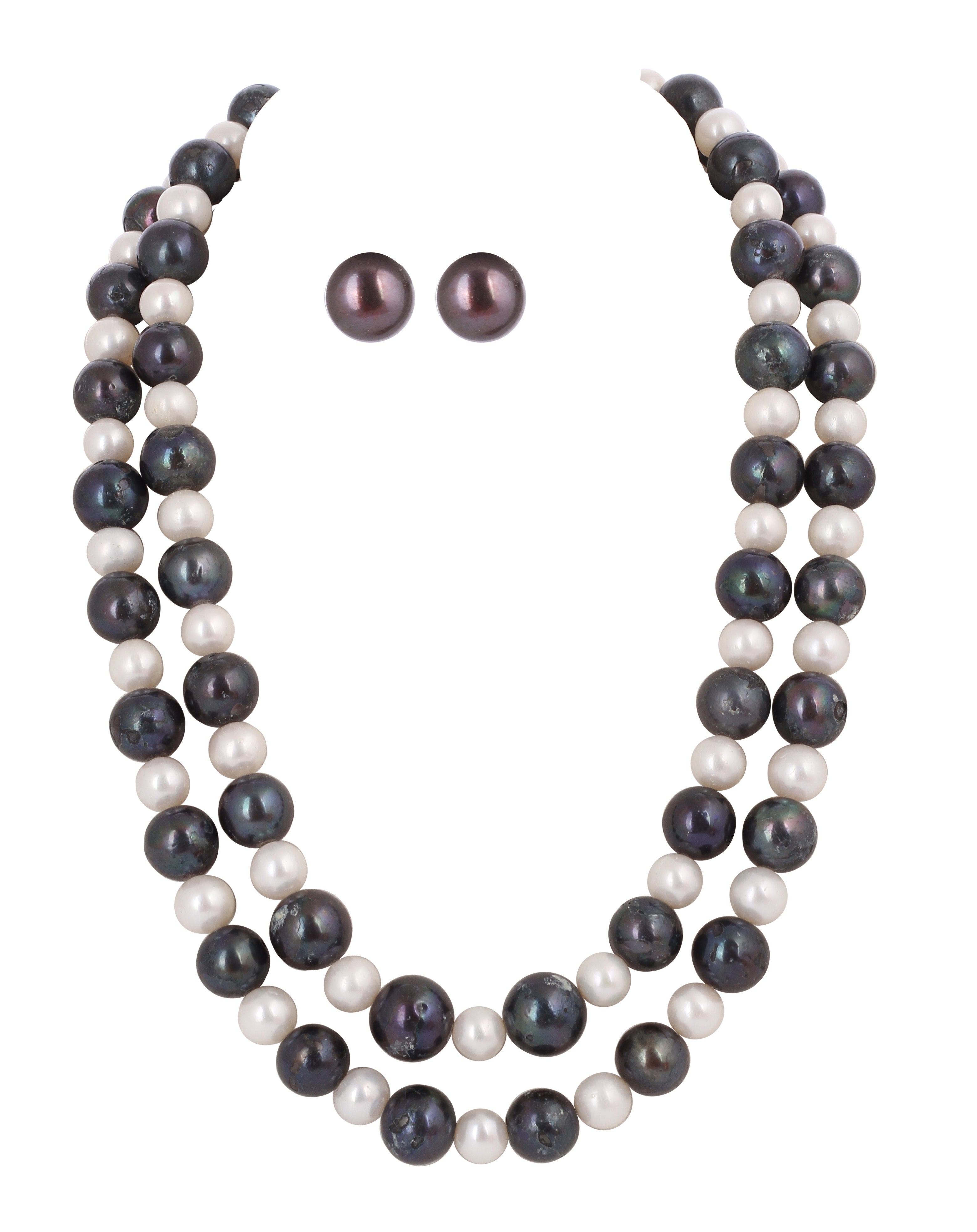Real Natural Fresh Water Plain Black N White Round Pearl Mala Set With Certificate(D.No NPS333)