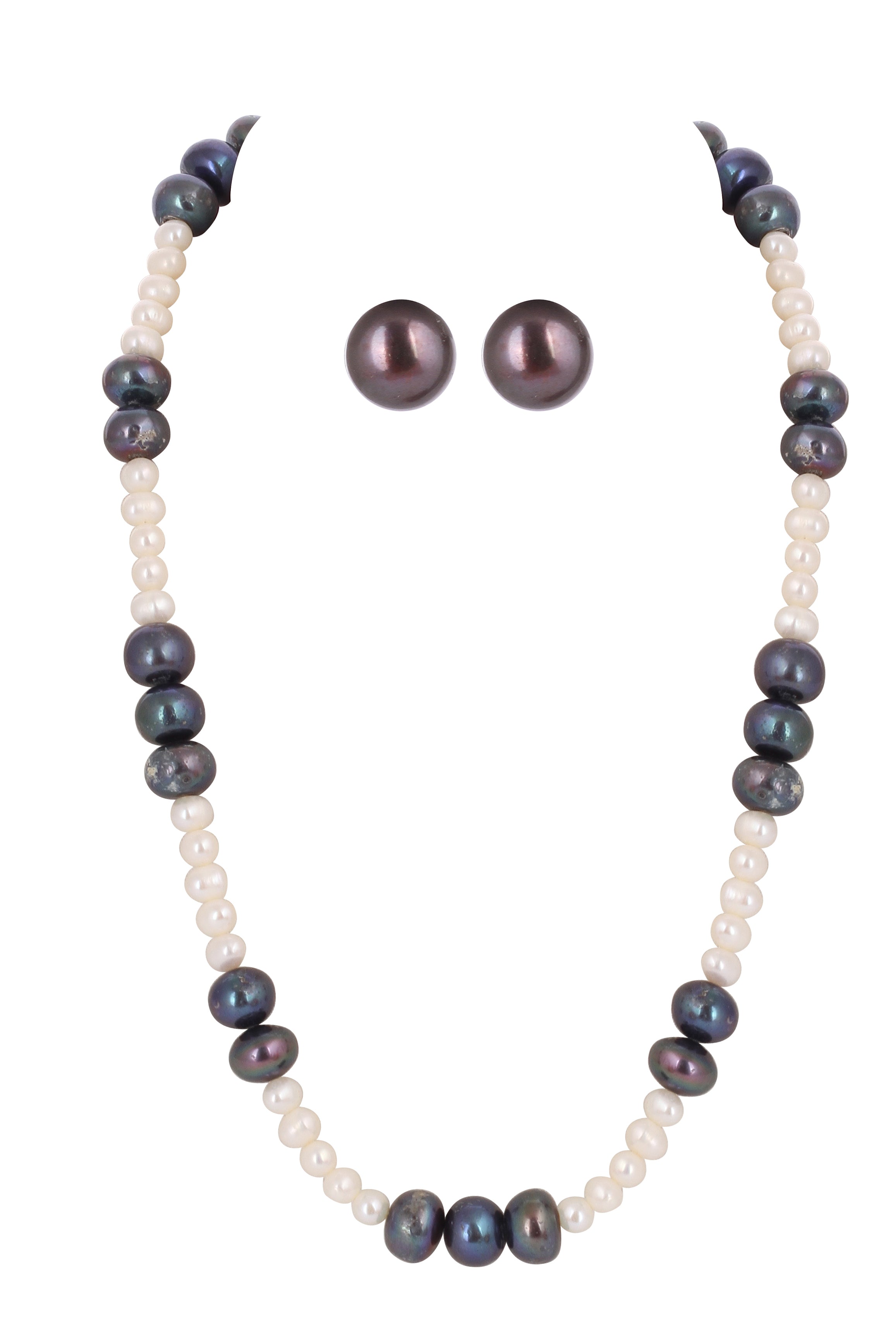 Real Natural Fresh Water Plain Black N White Round Pearl Mala Set With Certificate(D.No NPS336)