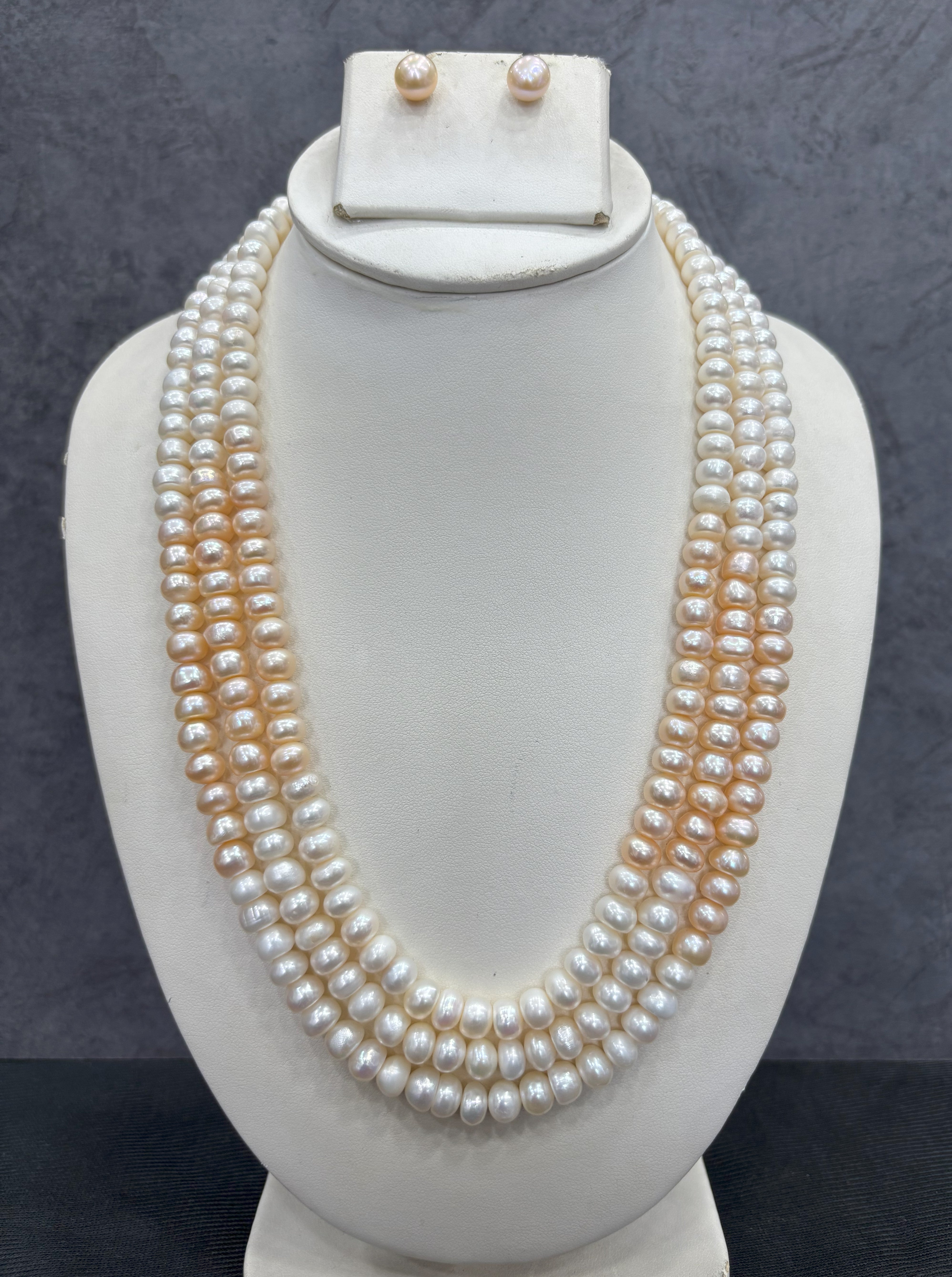 Authentic Real Natural Fresh Water Triple Line Pearls Mala Set 6 MM With Certificate(D.No NPS349)