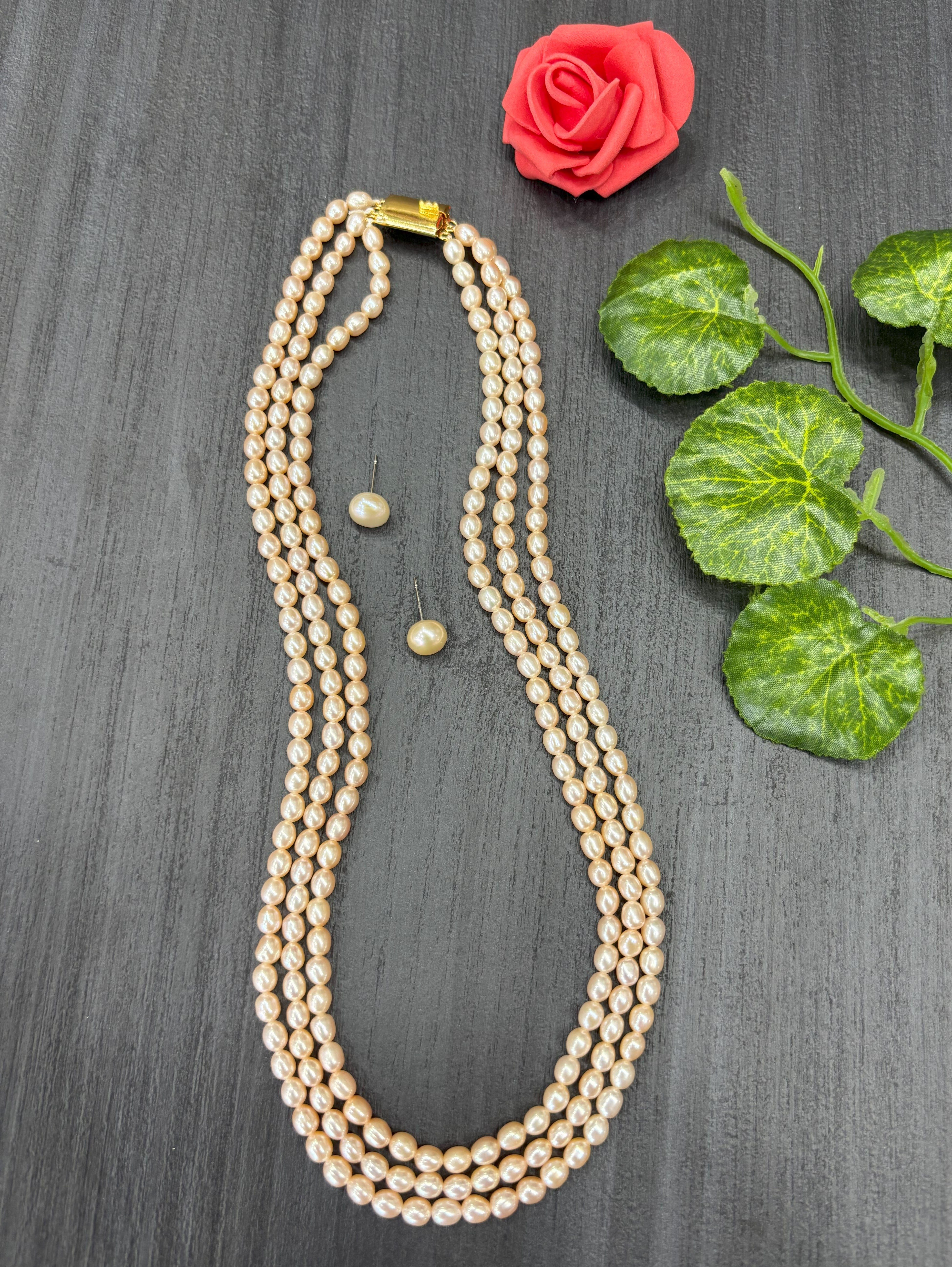 Authentic Real Natural Fresh Water Triple Line Pearls Mala Set 3 To 4 MM With Certificate(D.No NPS352)