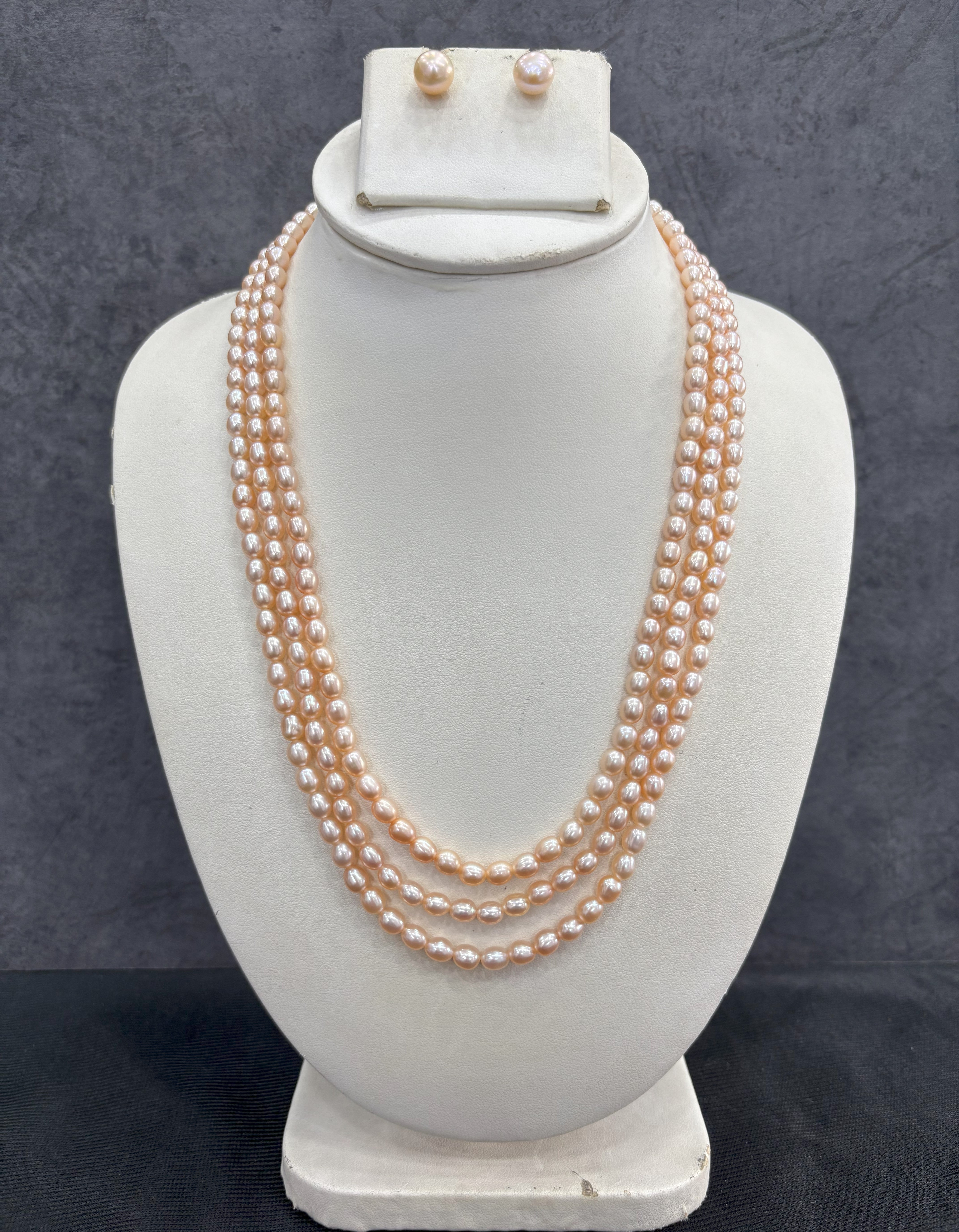 Authentic Real Natural Fresh Water Triple Line Pearls Mala Set 3 To 4 MM With Certificate(D.No NPS352)