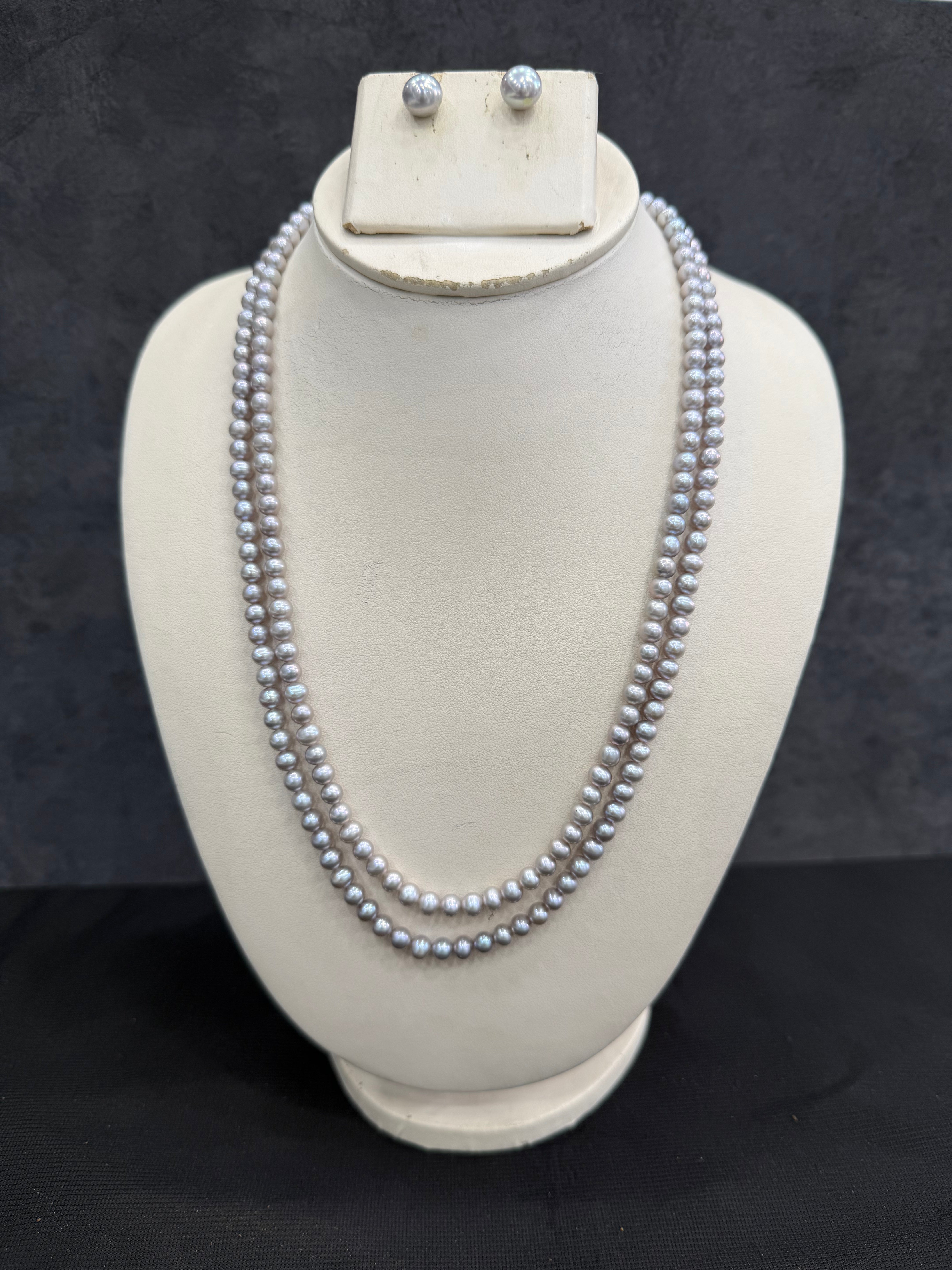 Authentic Real Natural Fresh Water Double Line Pearls Mala Set 4 MM With Certificate(D.No NPS361)