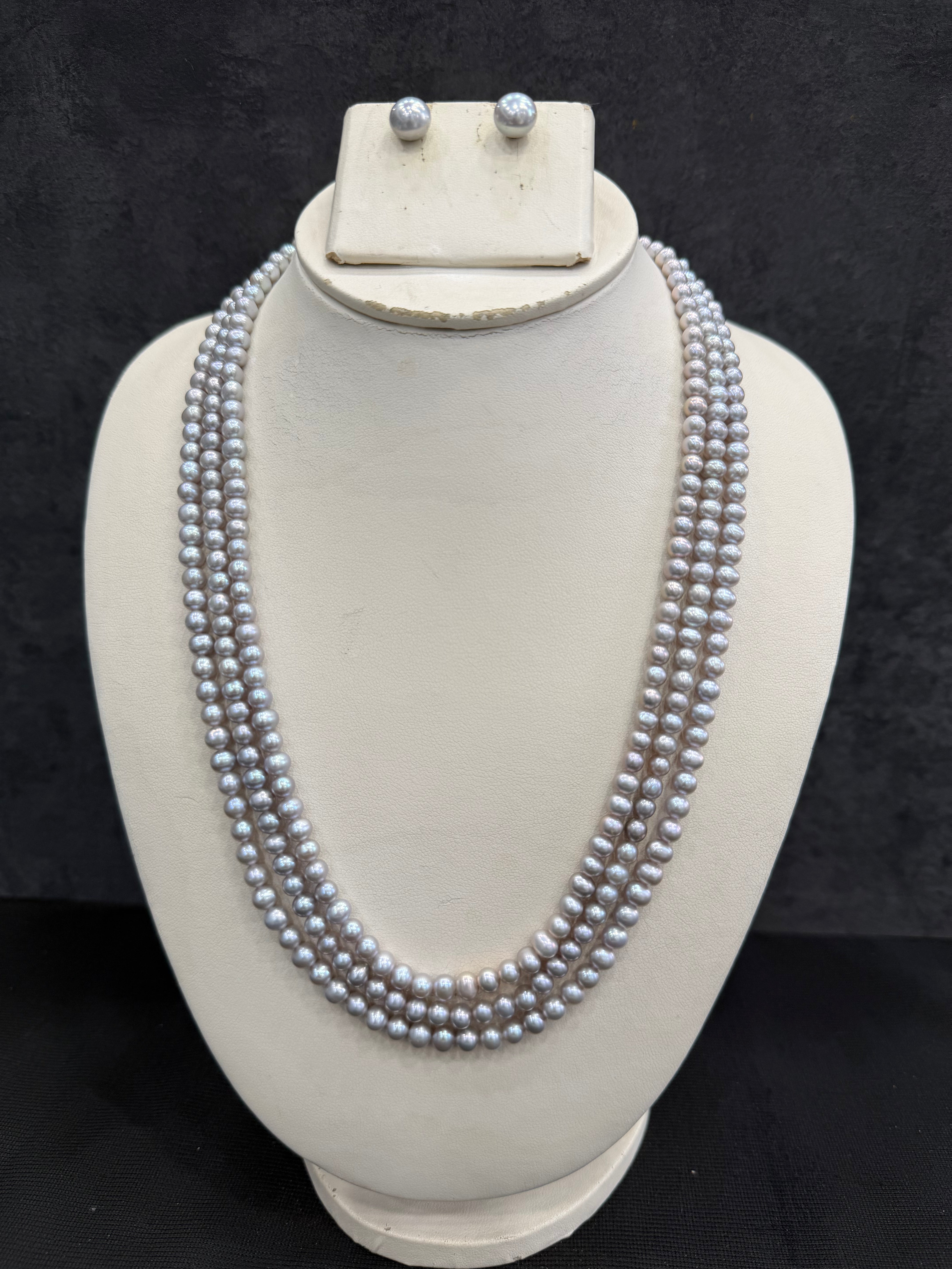 Authentic Real Natural Fresh Water Triple Line Pearls Mala Set 4 MM With Certificate(D.No NPS362)