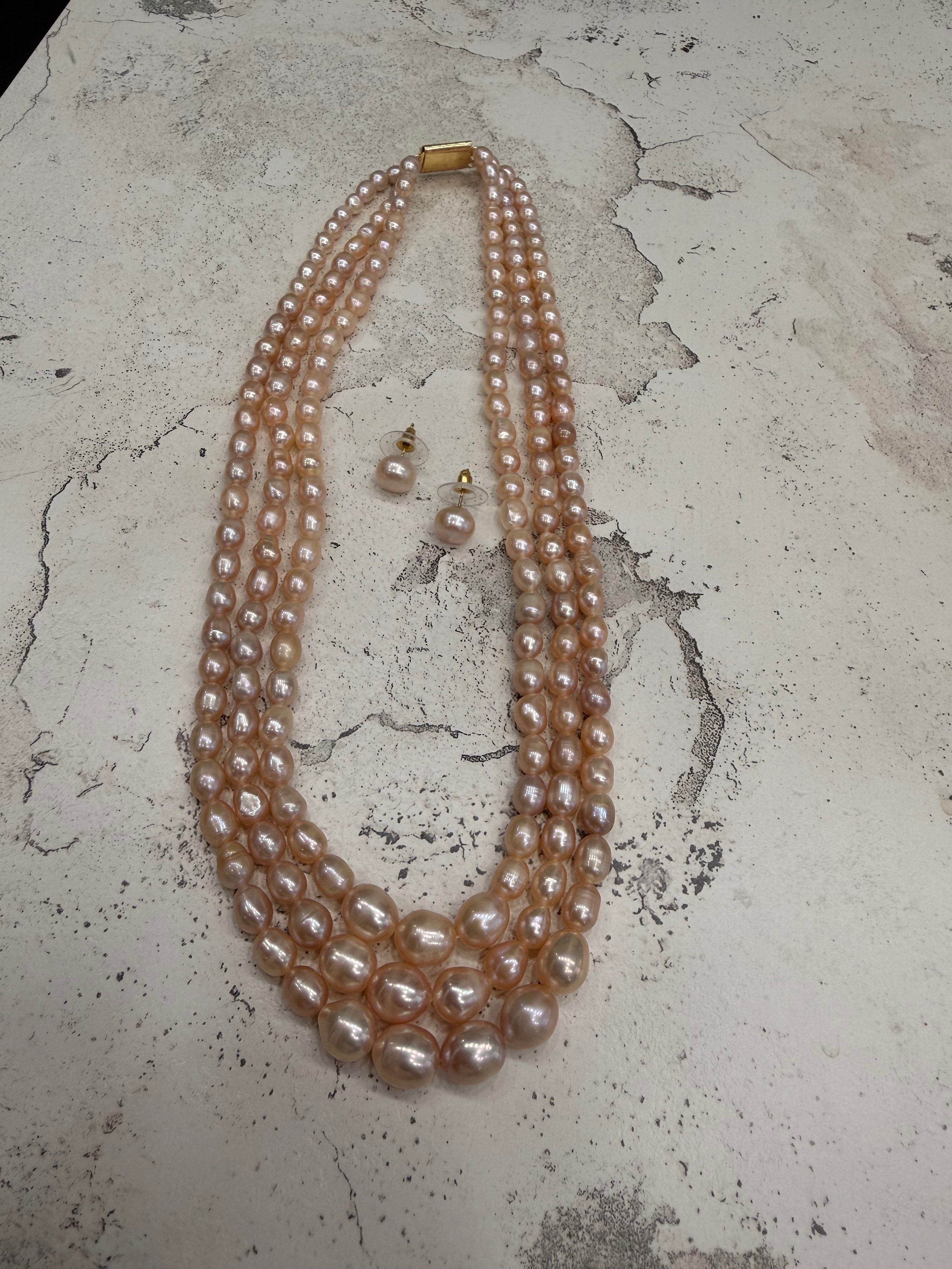 Authentic Real Natural Fresh Water Triple Line Graduation Pearls Mala Set With Certificate(D.No NPS370)