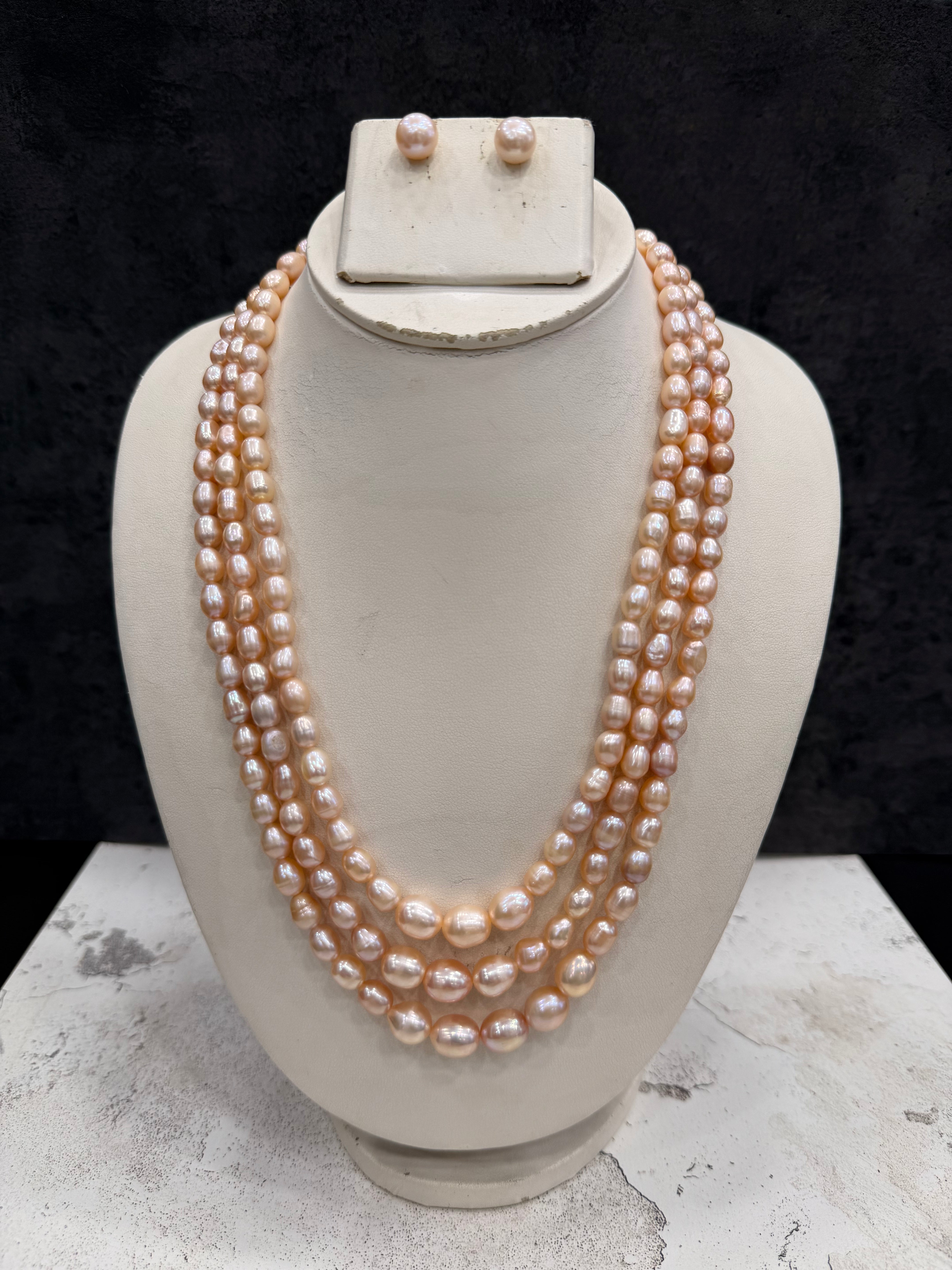 Authentic Real Natural Fresh Water Triple Line Graduation Pearls Mala Set With Certificate(D.No NPS370)