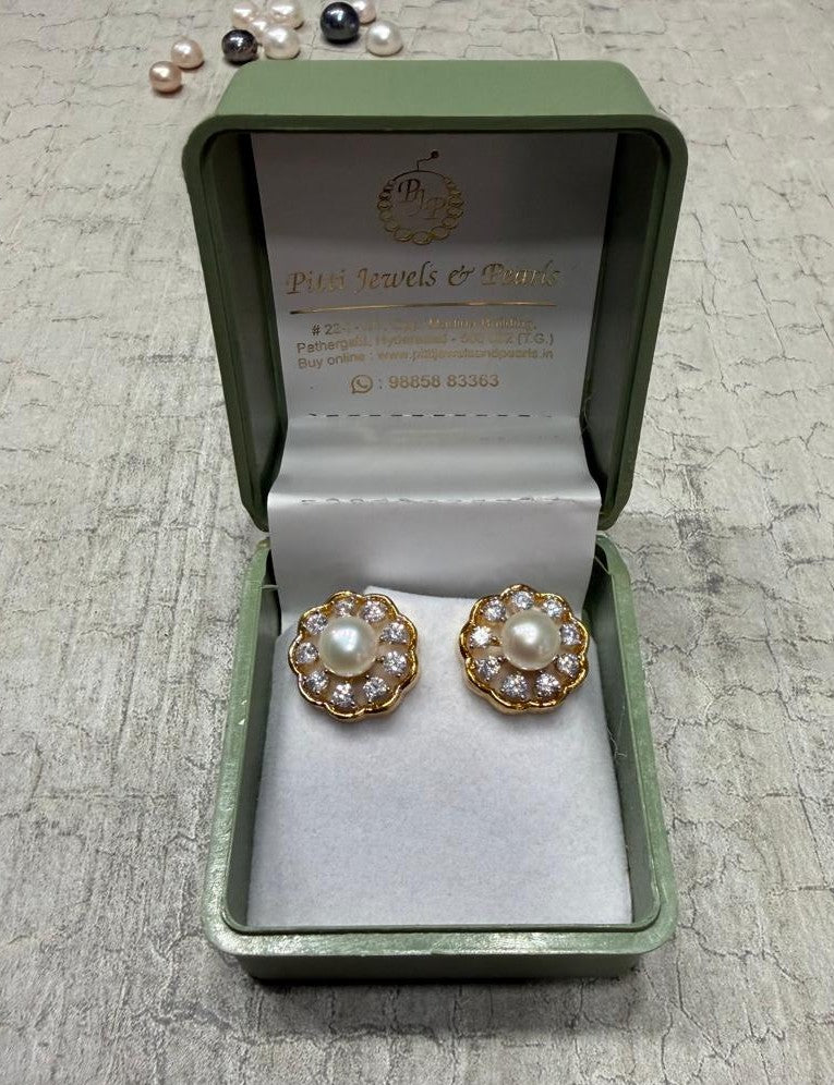 CZ Stone Studded Studs With Real Button Pearl (D.No PTOP162)