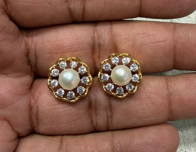 CZ Stone Studded Studs With Real Button Pearl (D.No PTOP162)